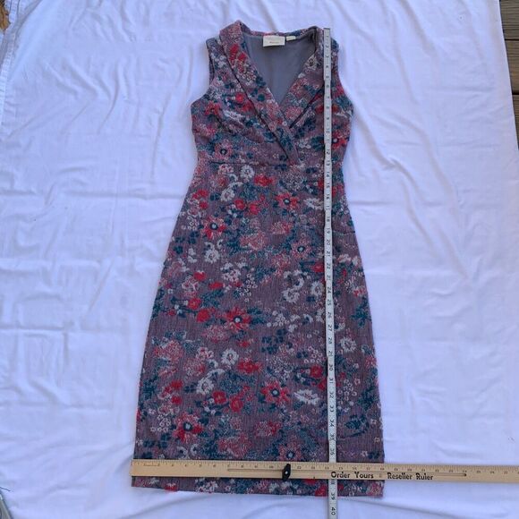 Anthropologie Maeve Jacquard Floral Sheath Dress Size 0P Purple Pink Sleeveless - Picture 5 of 9